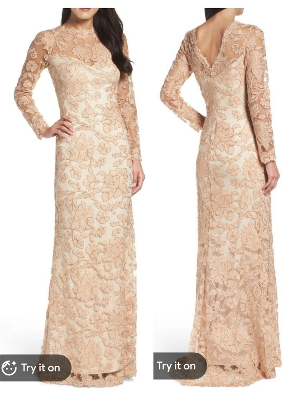 Tadashi Shoji Peach Blossom Long Sleeve Gown Size 4P Petite Champagne